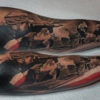 Black and gray style colored arm tattoo of WW2 soldiers