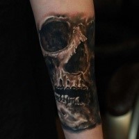 Black and gray style colored arm tattoo of human skull