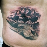 Black and gray style colored back tattoo of animal skull with bulls