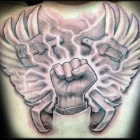 Black and gray style colored back tattoo of lineman symbol with wings