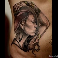 Black and gray style colored bell tattoo of sexy woman with bracers
