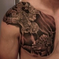 Schwarzer und grauer Stil farbiges Brust Tattoo mit antiken Statuen der Götter