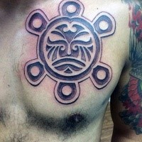 Black and gray style colored chest tattoo of ancient picture