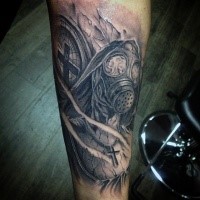 Black and gray style colored leg tattoo of mother with gas mask
