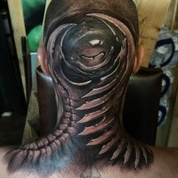 Black and gray style colored neck tattoo of alien bones