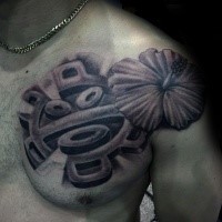 Black and gray style colored shoulder and chest tattoo of flower and antic statue