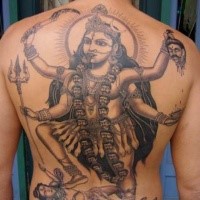 Black and gray style colored whole back tattoo of Hinduism Goddess