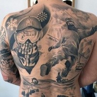 Black and gray style colored whole back tattoo of man with snowboard and mountains