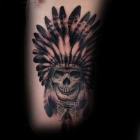 Black and gray style cool looking side tattoo of Indian skull with feather