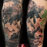 Black and gray style detailed arm tattoo of military helicopter and tank