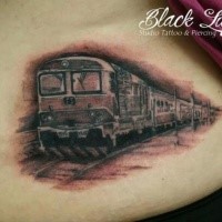Black and gray style detailed belly tattoo of old USSR train
