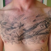 Black and gray style detailed chest tattoo of WW2 fighter planes