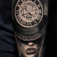 Black and gray style detailed forearm tattoo of mechanic clock combined with woman in hat
