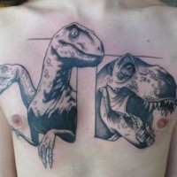 Black and gray style detailed looking chest tattoo of large dinosaurs