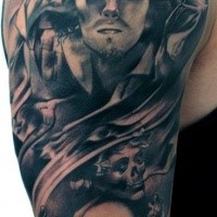 Black and gray style detailed shoulder tattoo of crazy man with demonic woman