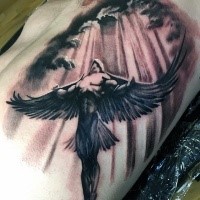 Black and gray style detailed side tattoo of Icarus with sun and clouds