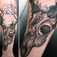 Schwarzer und grauer Stil interessantes Design Unterarm Tattoo von Hirschschädel mit Vögeln