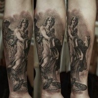 Black and gray style large forearm tattoo of stone statue