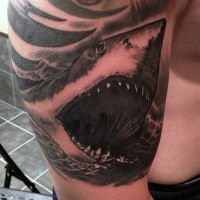 black and gray style large shark face tattoo on shoulder
