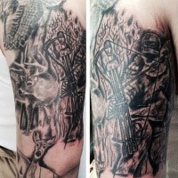 Black and gray style large shoulder tattoo of hunter with crossbow and deer