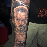 Black and gray style large sleeve tattoo of man face with old ship