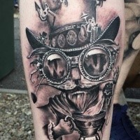 Black and gray style leg tattoo of mechanical cat in hat