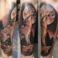 Black and gray style medium sized wolf tattoo with moon