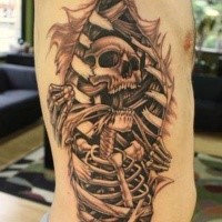 Black and gray style original looking side tattoo of human skeleton under bones