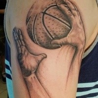Black and gray style realistic looking hands with ball