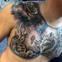 Black and gray style religious themed whole chest tattoo stylized with roses