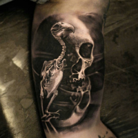 Black and gray style small biceps tattoo of human skull with little bird skeleton