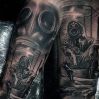 Black and gray style spectacular looking forearm tattoo of soldier in gas mask