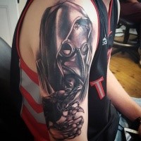 Black and gray style very detailed shoulder tattoo of plague doctor with detailed crow