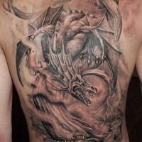 Black and gray style very detailed whole back tattoo of magical dragon