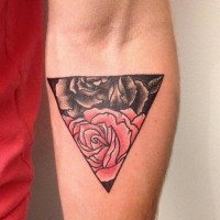 Black and red rose inside triangle tattoo on forearm