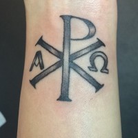 Black and white Chi Rho religious symbol Christ monogram tattoo on wrist
