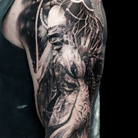 Black and white colors samurai tattoo on shoulder
