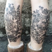 Black and white engraving style black ink legs tattoo of rabbit with fox and mushrooms
