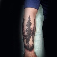 Black and white forearm tattoo of large forest trees