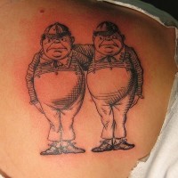 Black and white funny identical man tattoo on back