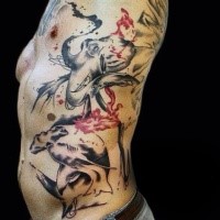 Schwarzes und weißes interessant bemaltes Seite Tattoo mit Hai und Tintenfisch