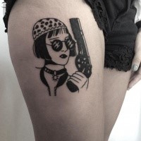 Black and white Leon Killer main heroine with gun seductive tattoo on lady's thigh