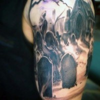 Black and white old creepy cemetery tattoo on half sleeve area