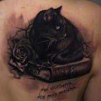 Black cat sitting on a book tattoo