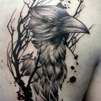 Tatuaje en el hombro, cabeza de cuervo entre ramas