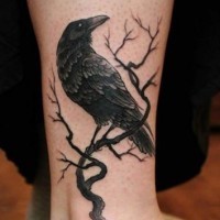 Black detailed realistic crow sitting on the branch ankle tattoo