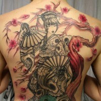 Black geisha and red tree tattoo on back