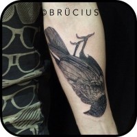 Black gray bird forearm tattoo by Brucius
