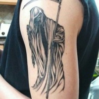 Black gray ink grim reaper tattoo on shoulder
