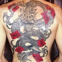 Tatuaje en la espalda,
dragón japonés  con 
banderas rojas